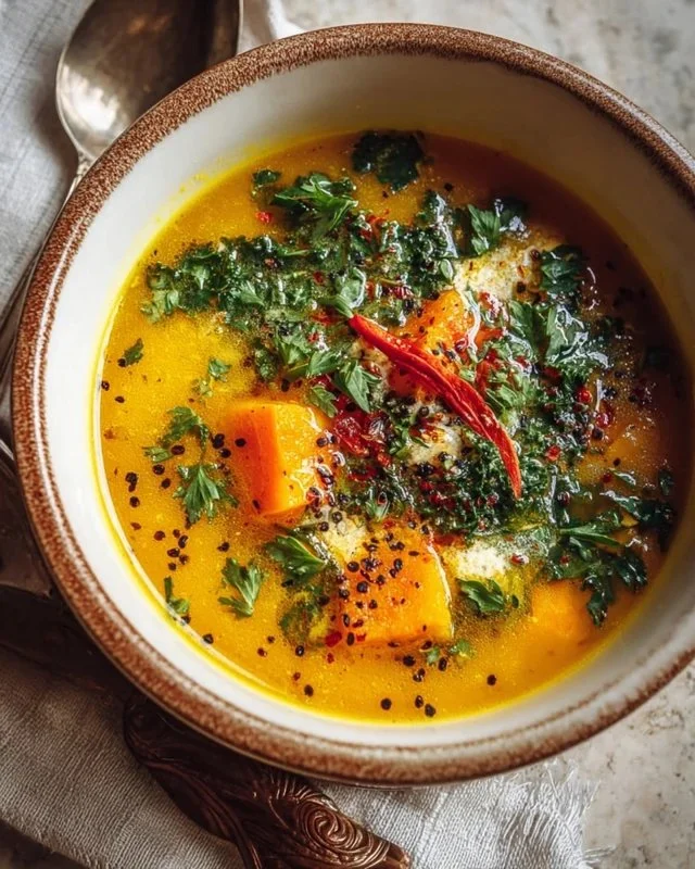 Bowl of Anti-Inflammatory Golden Detox Soup made with fresh ingredients