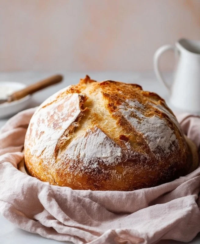 Loaf of freshly baked artisan sourdough bread on a wooden table.