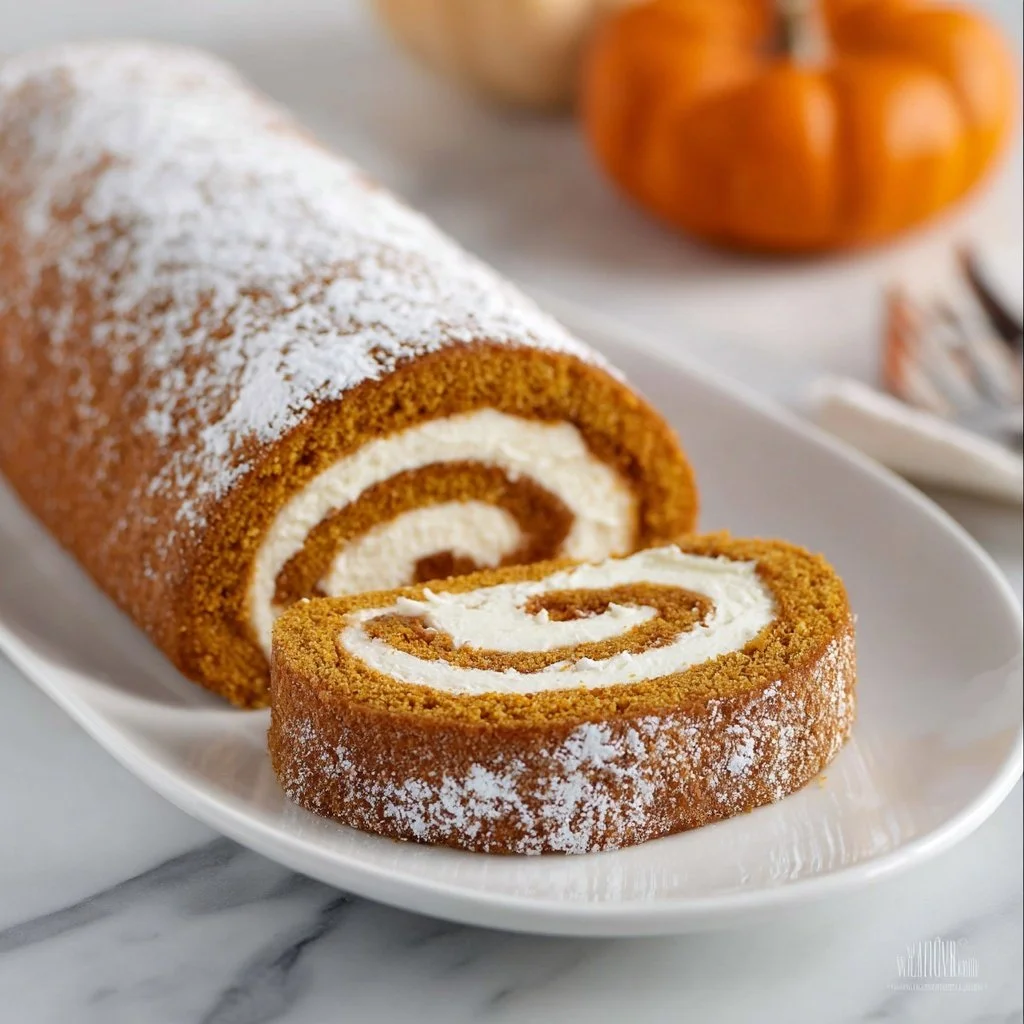 Aunt Maggie's delicious pumpkin roll dessert topped with creamy frosting.