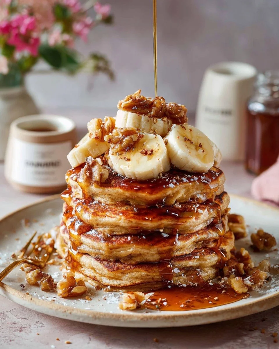 Delicious banana bread griddle cakes stacked on a plate