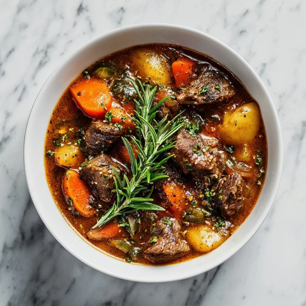Delicious beef and vegetable stew simmering in a pot, ready to serve.