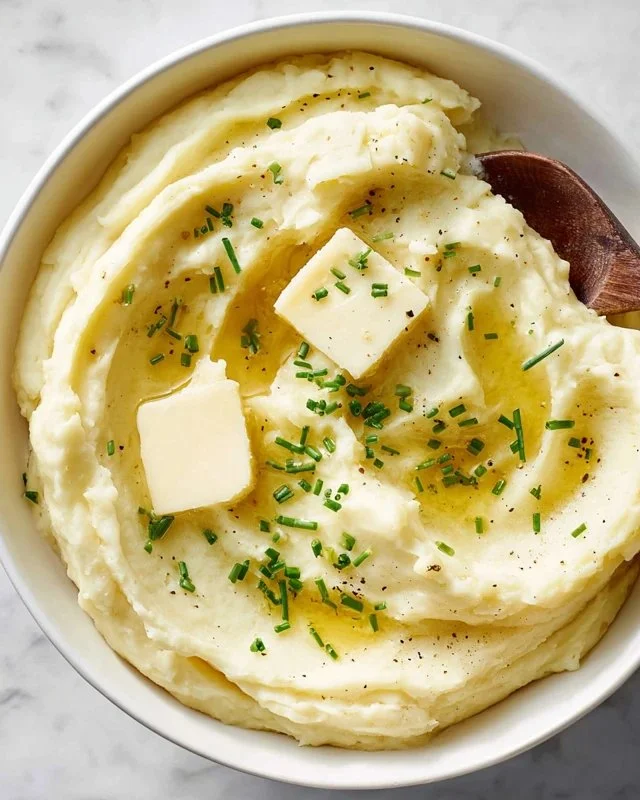 Delicious creamy mashed potatoes served in a bowl with butter on top.
