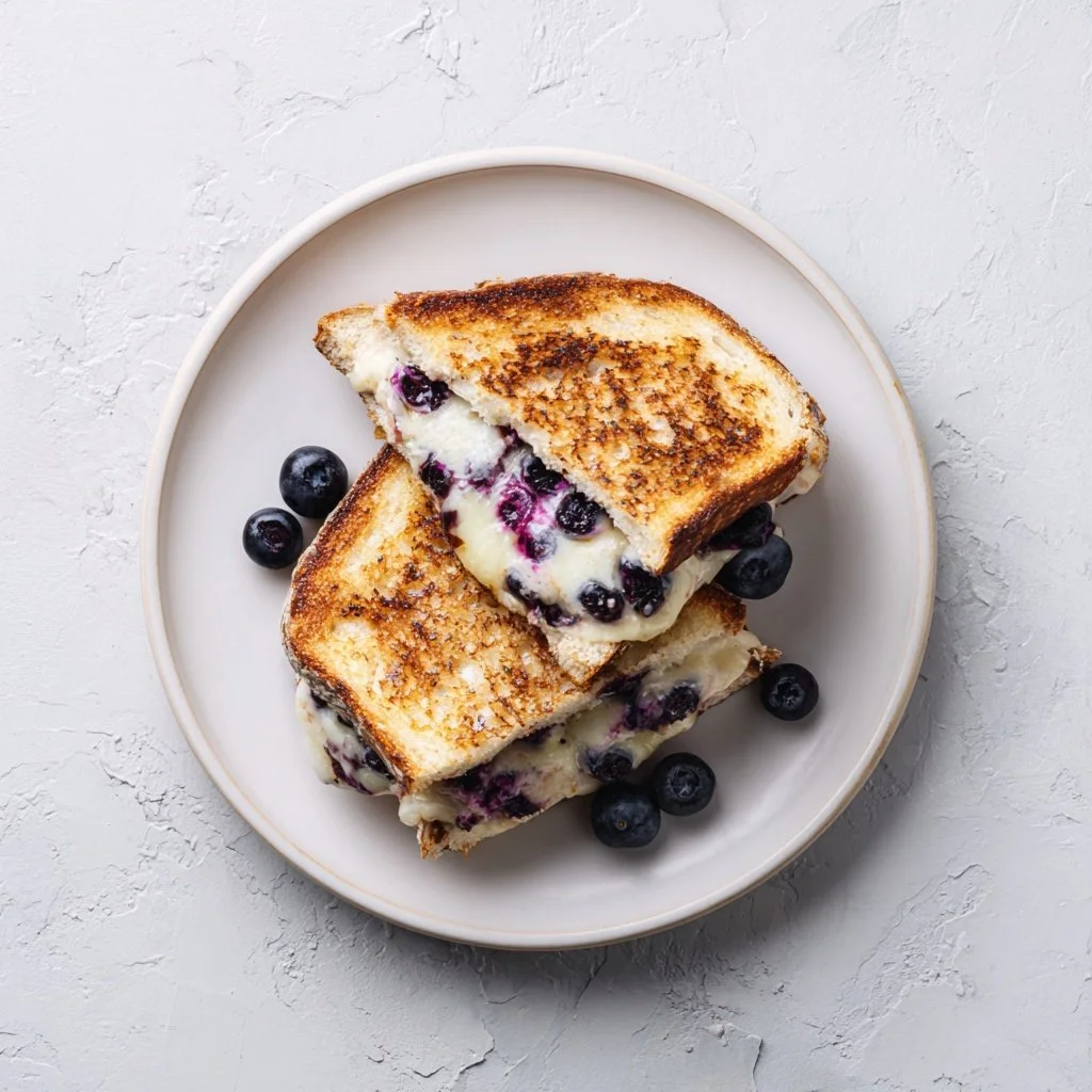 Delicious blueberry grilled cheese sandwich with melted cheese and fresh blueberries