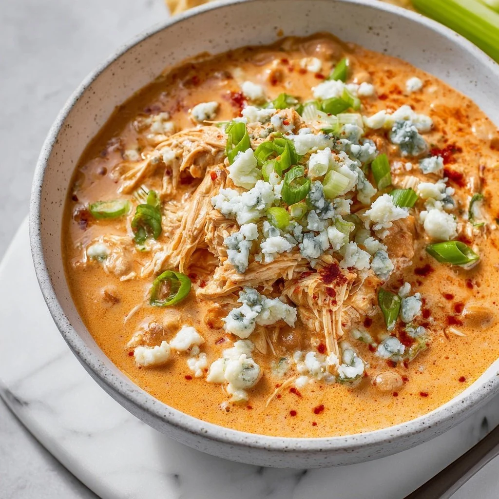 Delicious bowl of Buffalo Chicken Chili topped with green onions and cheese