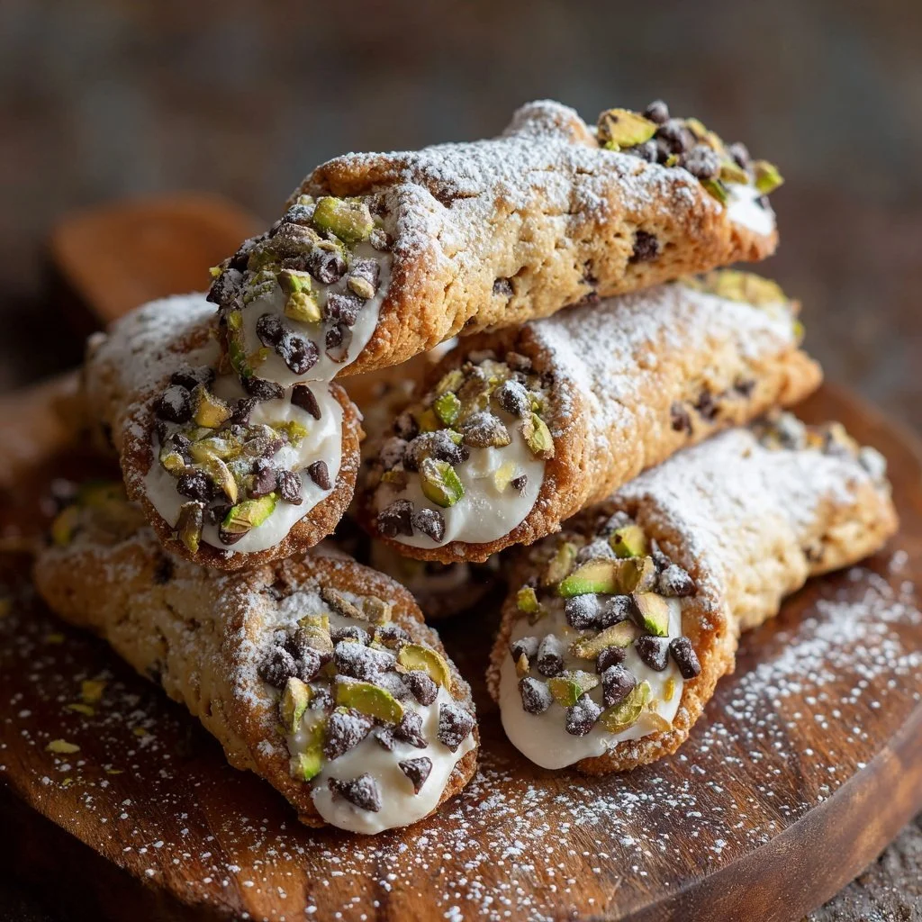 A plate of freshly baked cannoli cookies with creamy filling and chocolate chips.