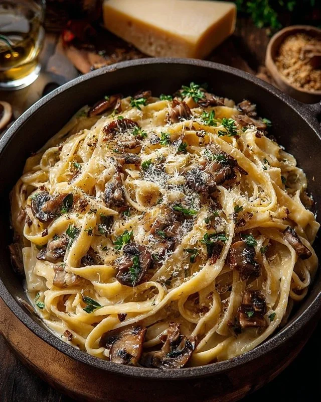 Caramelized Leek and Mushroom Gruyere Pasta topped with cheese and herbs