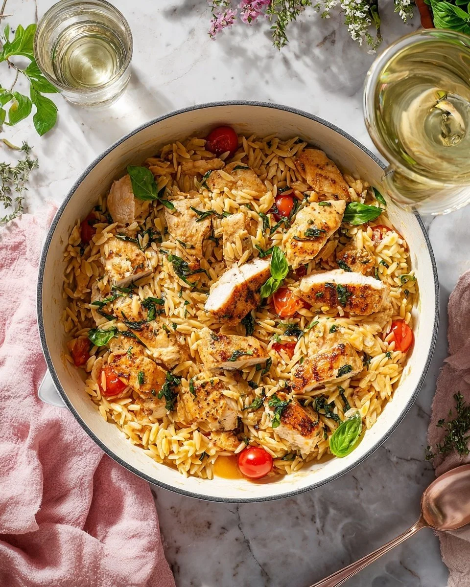 Delicious Chicken and Orzo dish garnished with herbs