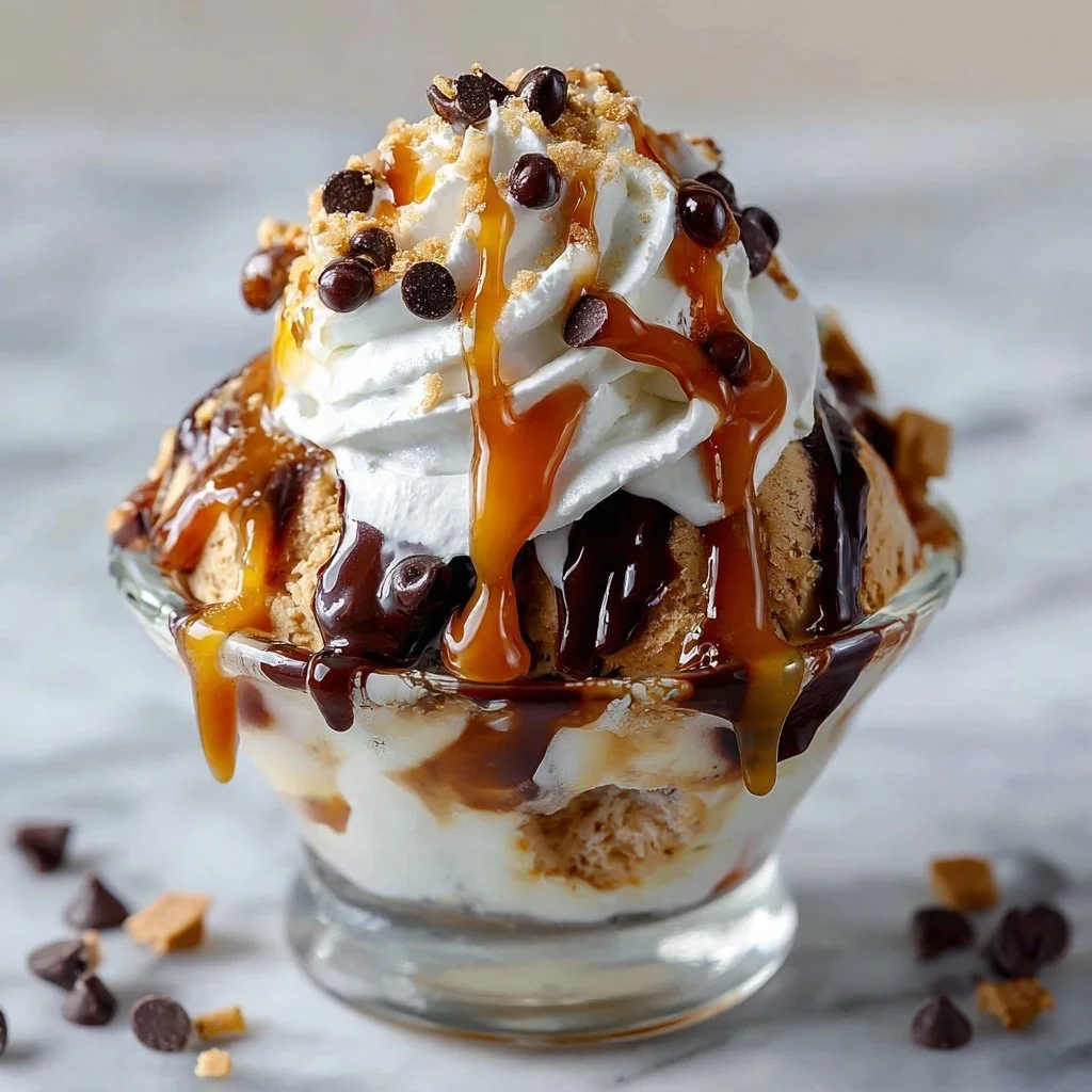 Chocolate Chip Caramel Ice Cream Sundae topped with whipped cream and chocolate drizzle