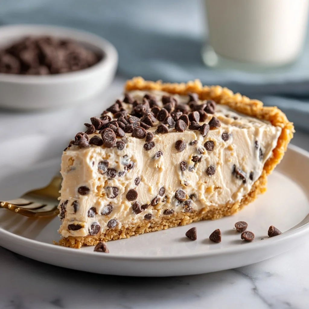 Delicious slice of chocolate chip peanut butter pie topped with chocolate chips.