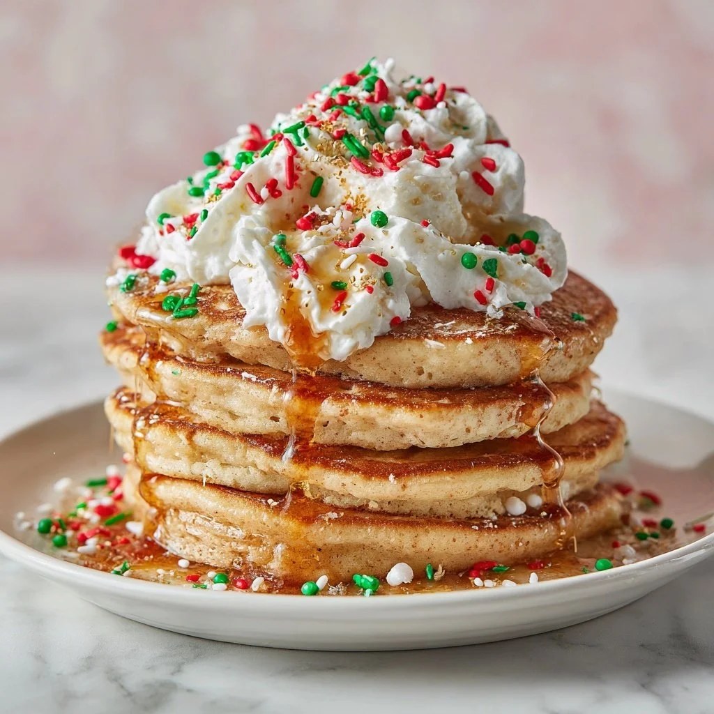 Deliciously decorated Christmas pancakes topped with festive fruits and syrup