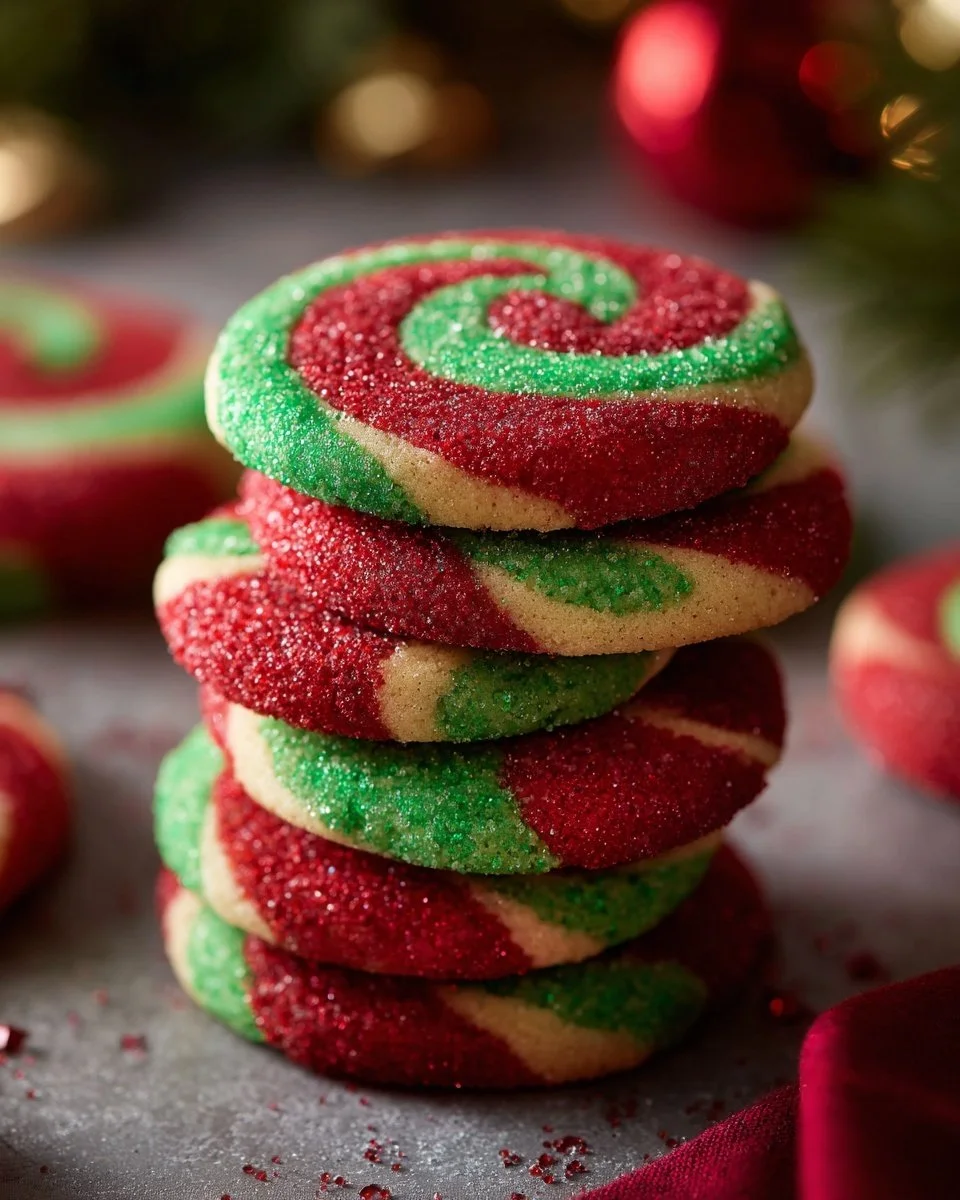 Colorful Christmas Pinwheel Cookies arranged on a festive plate