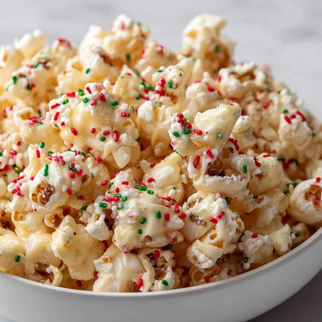 Festively decorated Christmas popcorn in a bowl for holiday snacking