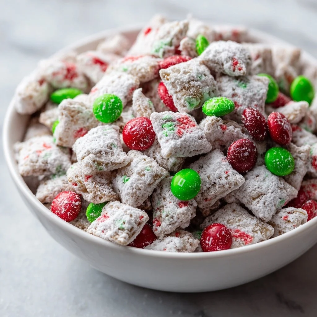 Bowl of Christmas Puppy Chow featuring festive treats for dogs
