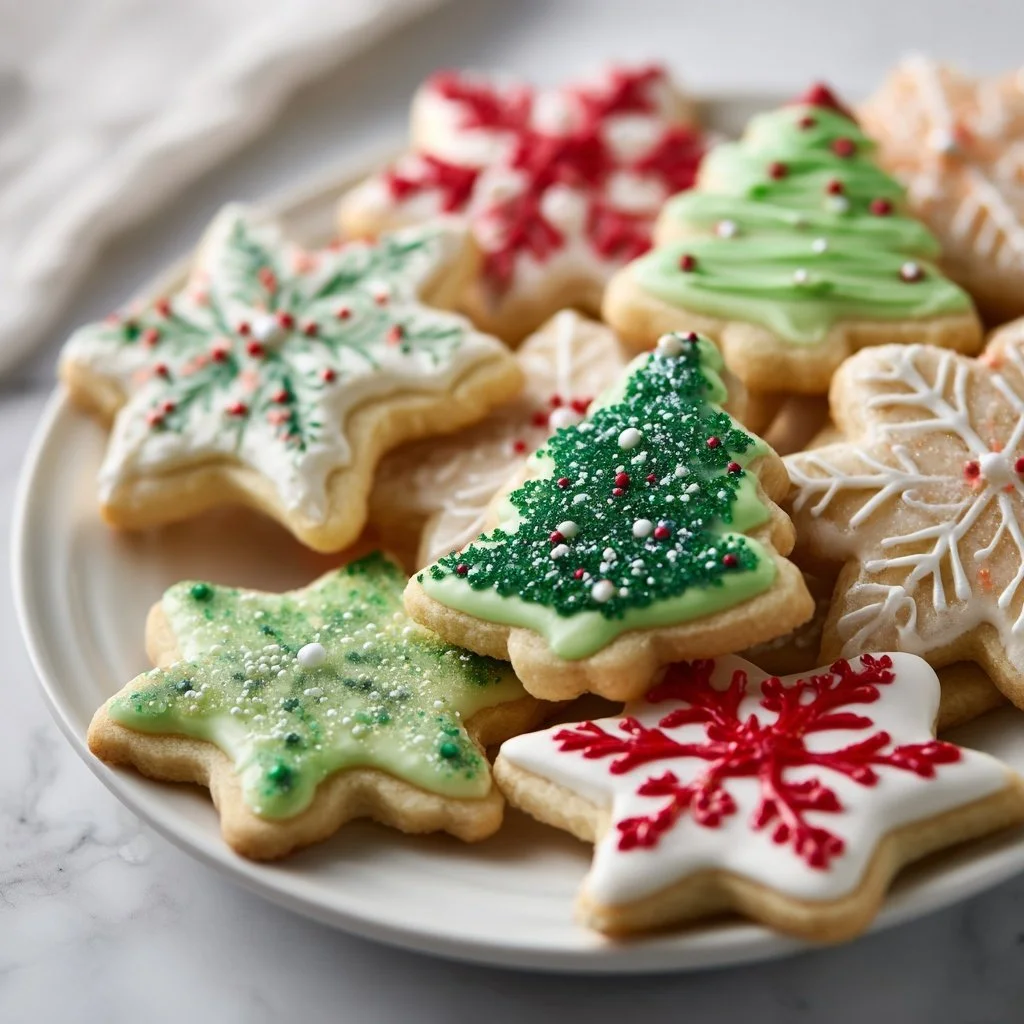 Plate of decorated Christmas sugar cookies in festive shapes