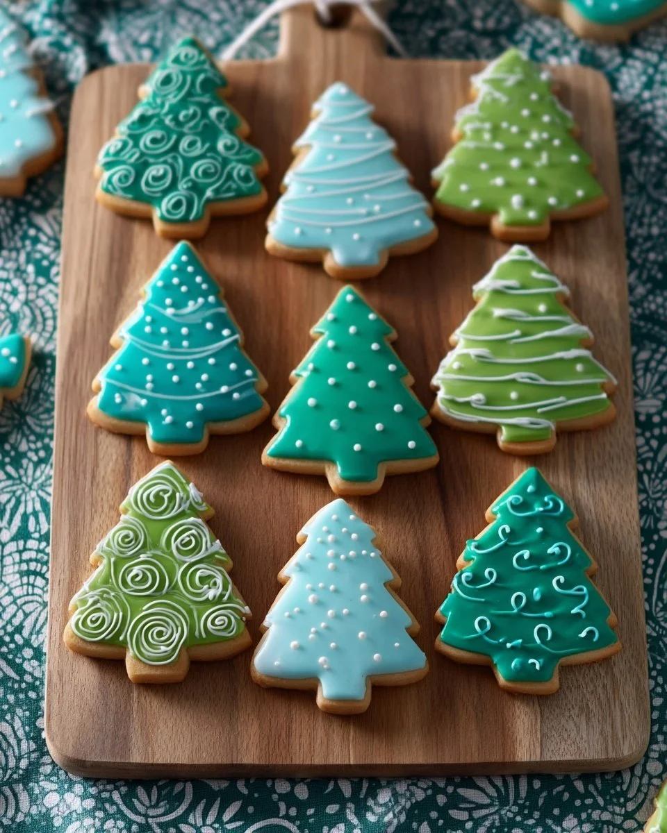 Beautifully decorated Christmas Tree Gingerbread Cookies on a festive table.
