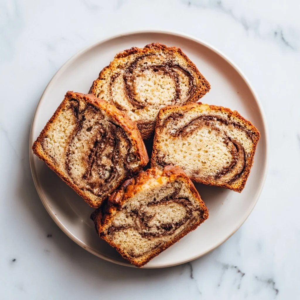 Freshly baked cinnamon swirl banana bread cooling on a wire rack.