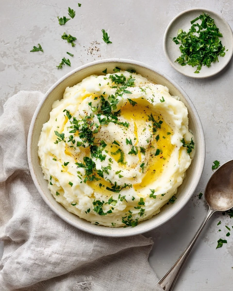 Bowl of classic mashed potatoes garnished with parsley