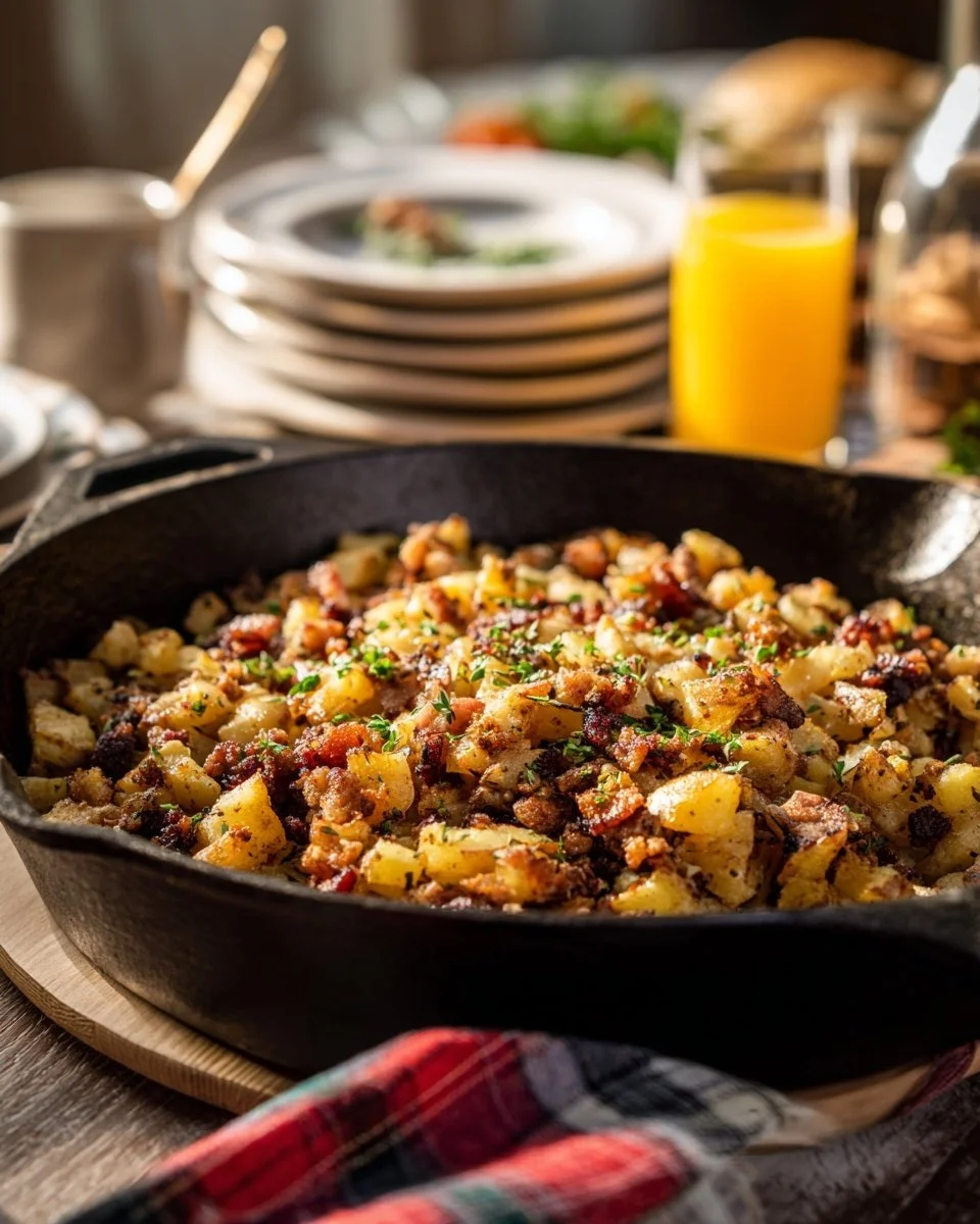 Serving of corned beef hash with crispy potatoes and herbs on a plate