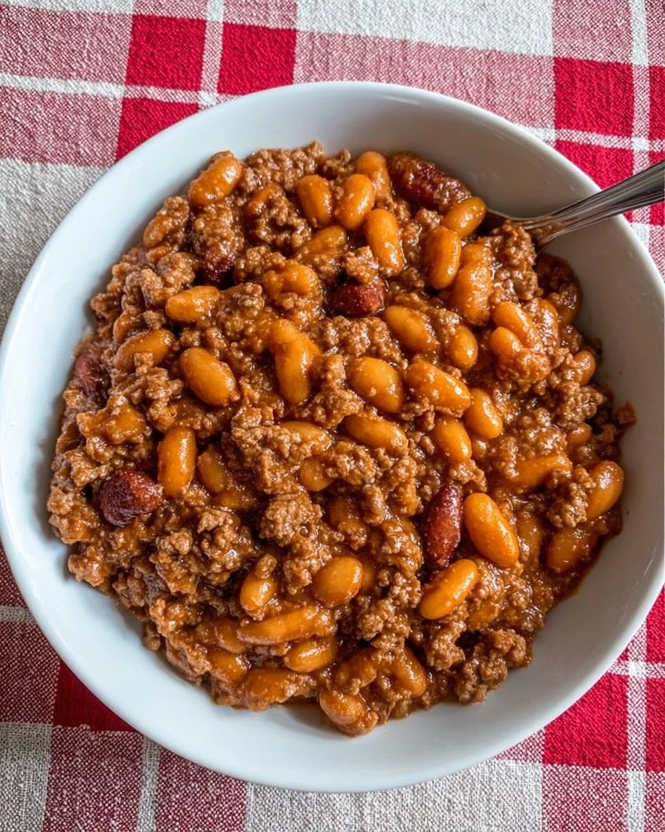 Delicious Cowboy Baked Beans served in a rustic bowl.