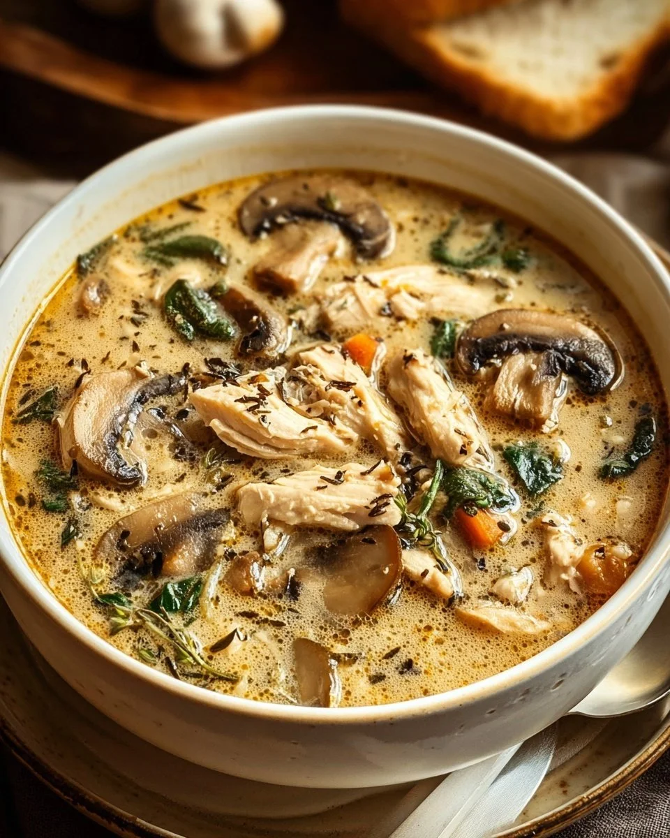 Cozy rotisserie chicken mushroom soup in a bowl with fresh herbs
