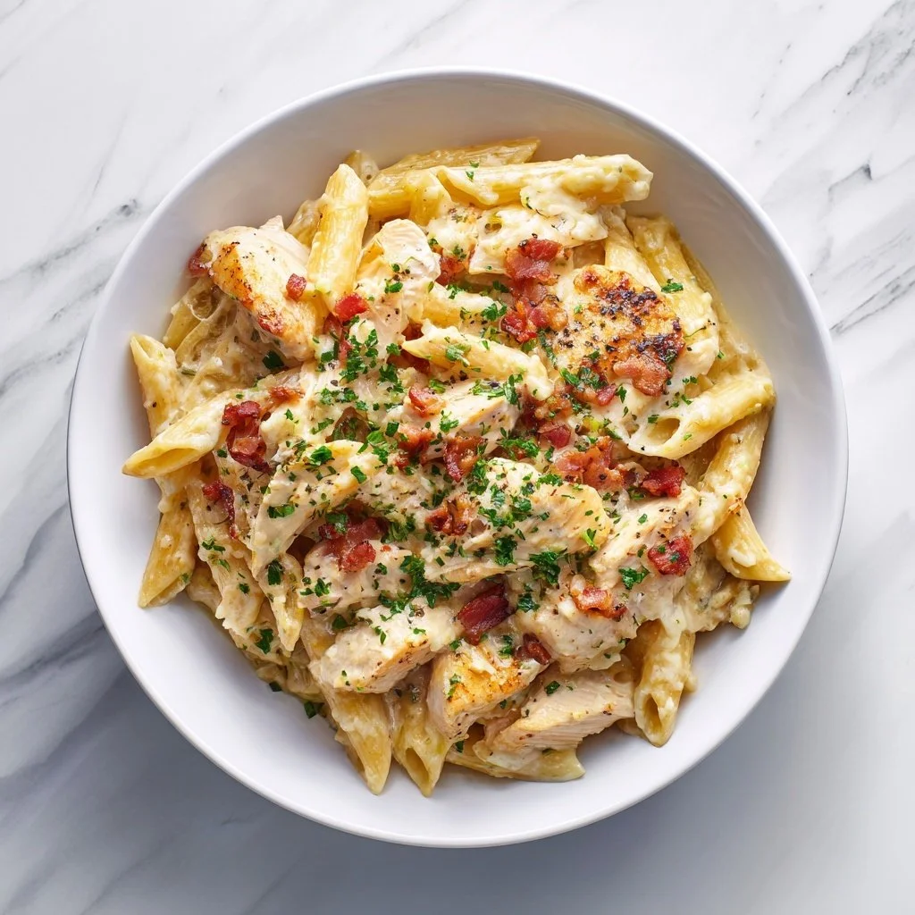 Creamy Crack Chicken Penne pasta garnished with herbs and cheese