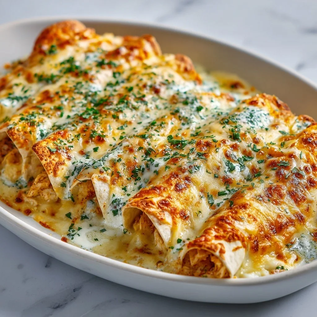 Delicious creamy chicken enchiladas with sour cream white sauce on a plate.
