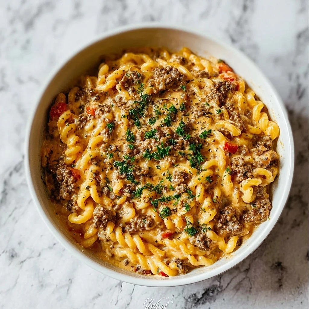 Creamy ground beef pasta dish topped with herbs and cheese