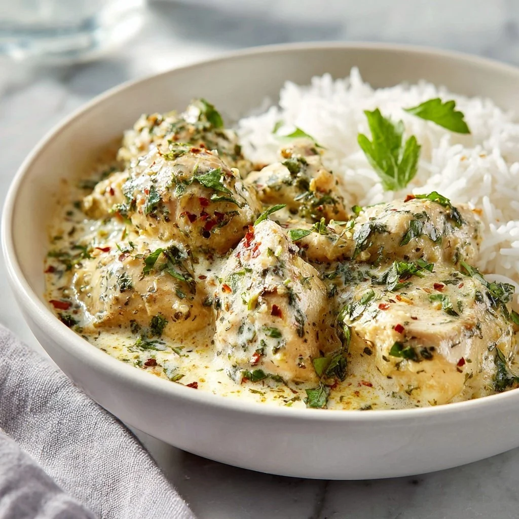 Creamy herb chicken dish with basmati rice on a plate