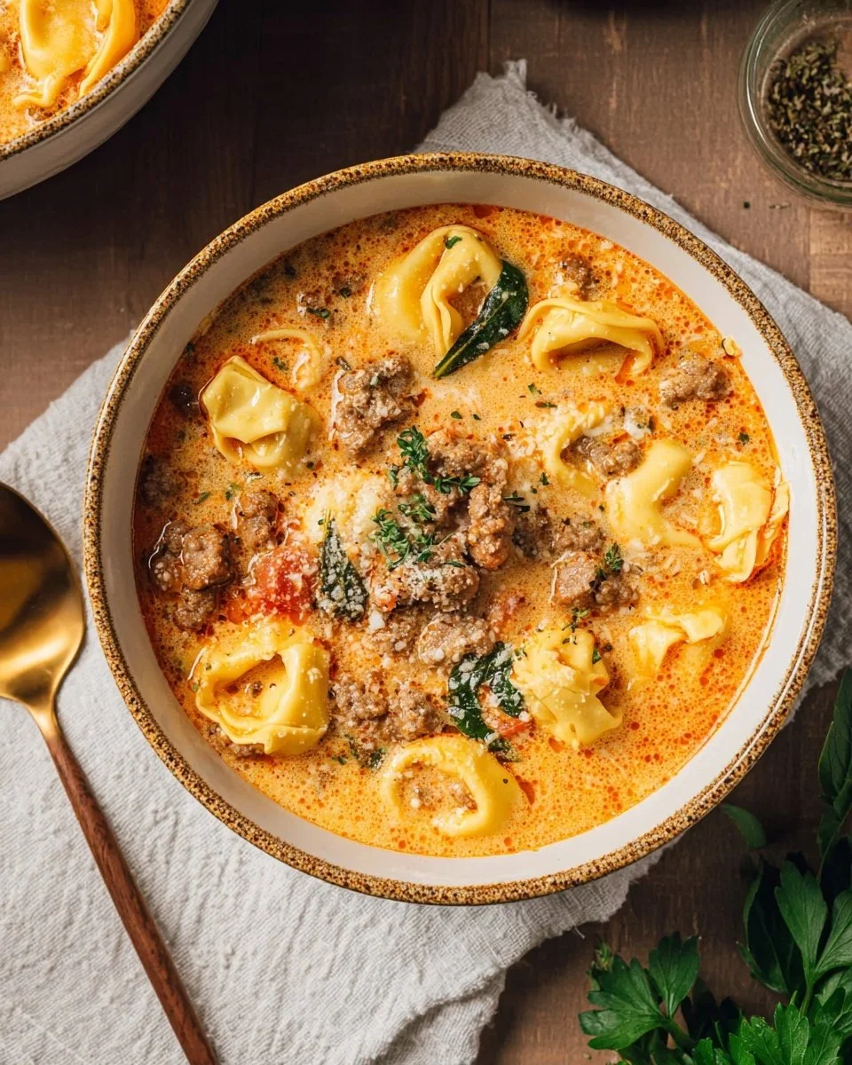 Bowl of creamy Italian sausage tortellini soup with fresh herbs and pasta