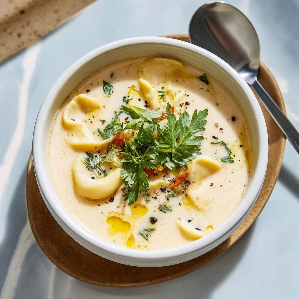 Bowl of creamy protein soup garnished with herbs and spices