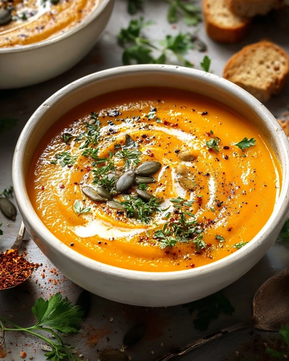 Bowl of creamy roasted pumpkin soup garnished with herbs and seeds
