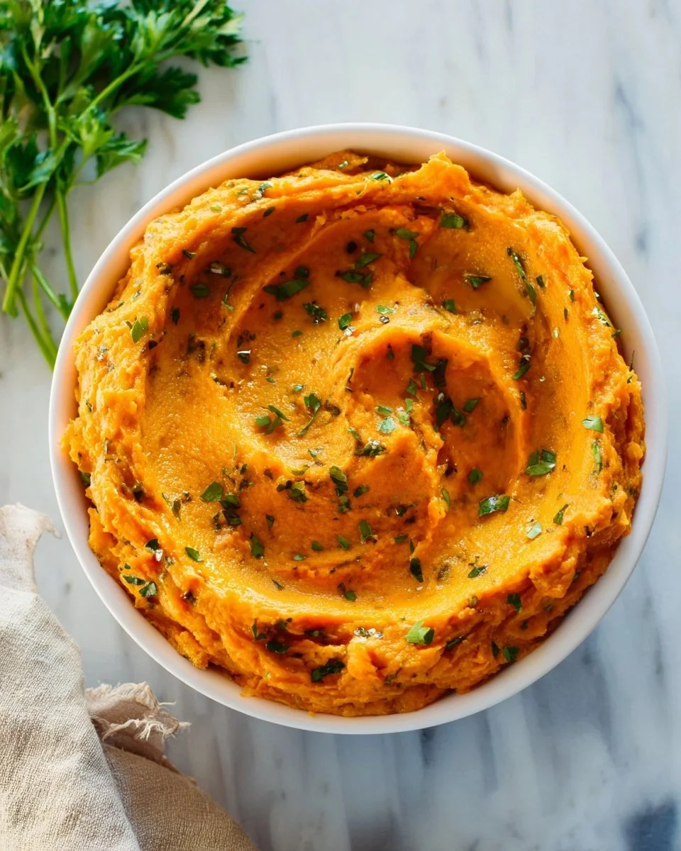 Bowl of creamy savory mashed sweet potatoes garnished with herbs