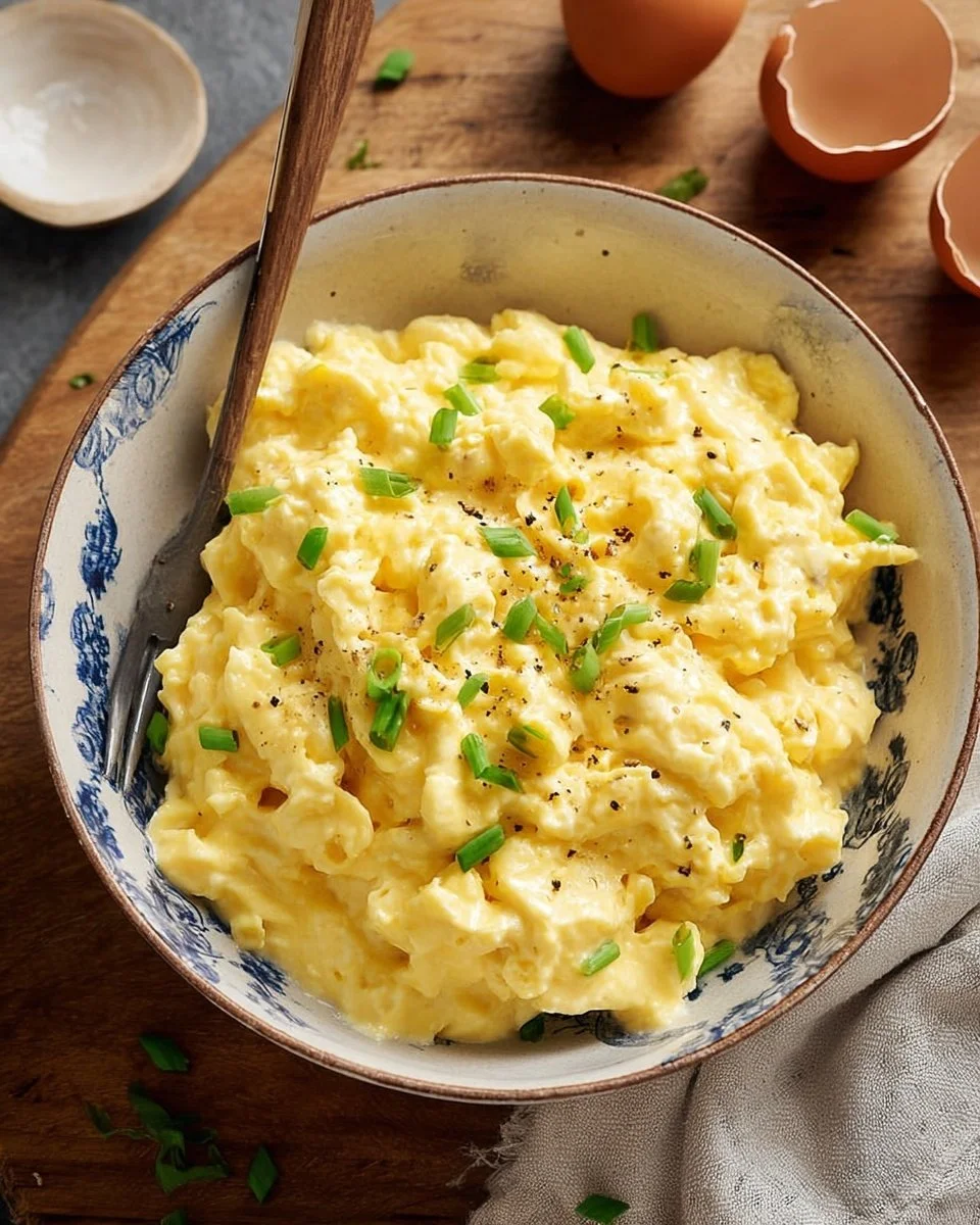 Delicious creamy scrambled eggs served on a plate