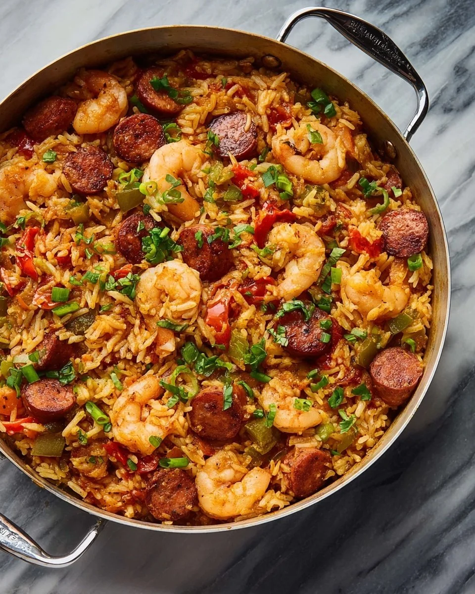 Delicious bowl of Creole Jambalaya with rice, shrimp, sausage, and spices