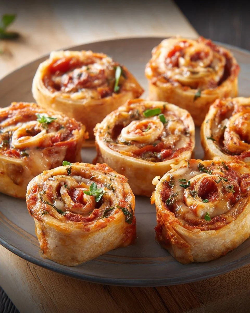 Plate of crispy tortilla pizza rolls with melted cheese and toppings