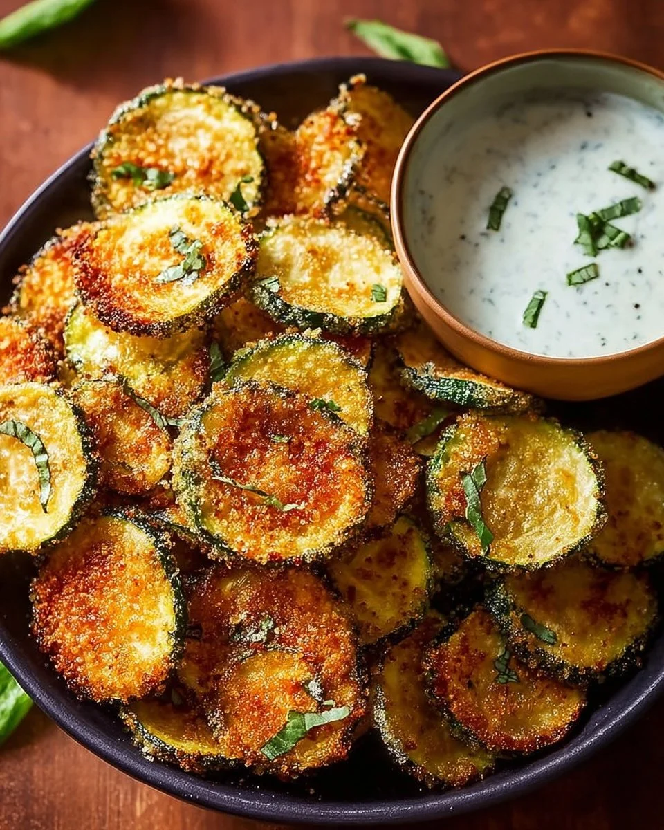 Crispy zucchini chips served with basil mayo for dipping.