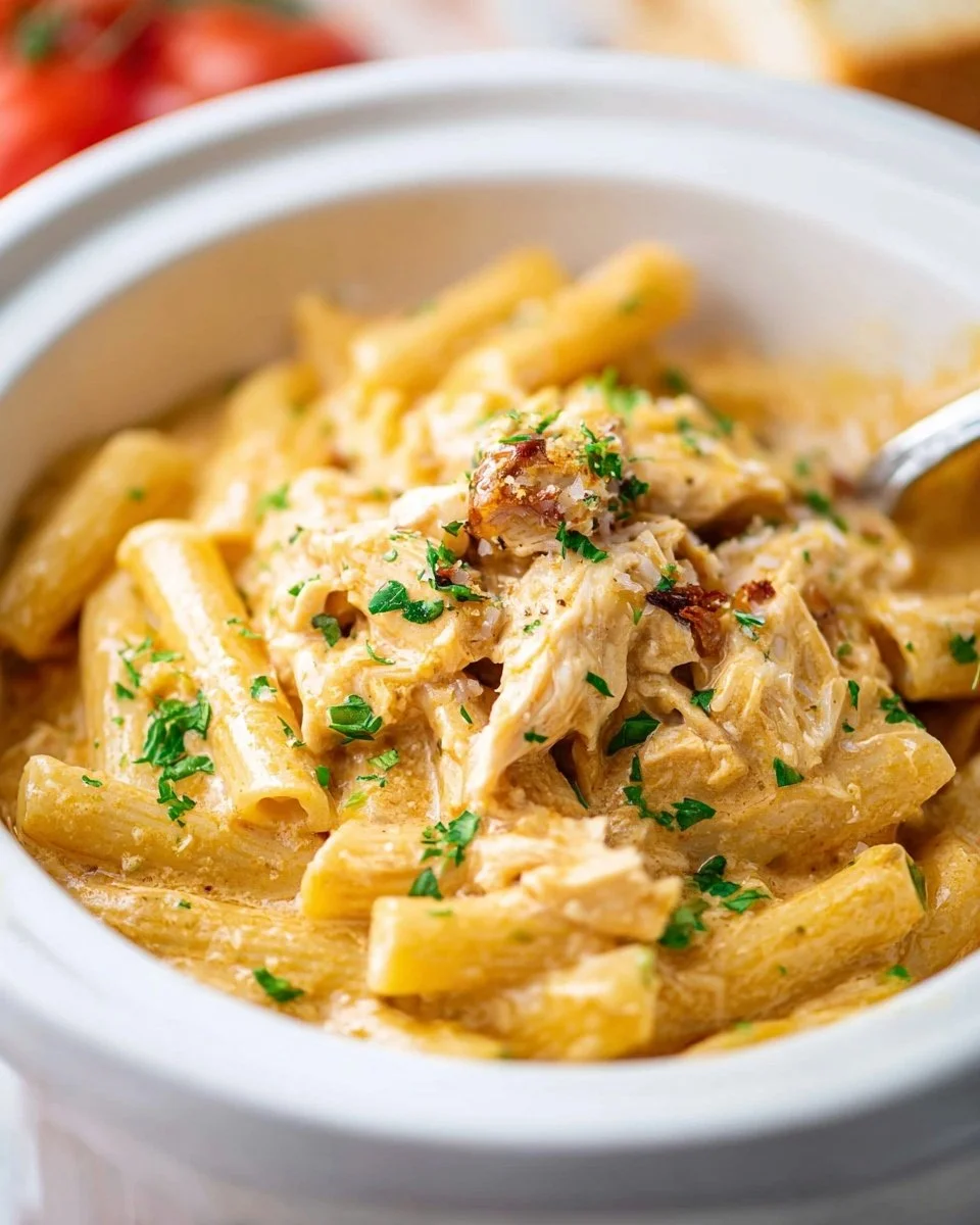 Crockpot Olive Garden Chicken Pasta served in a bowl with fresh herbs and cheese