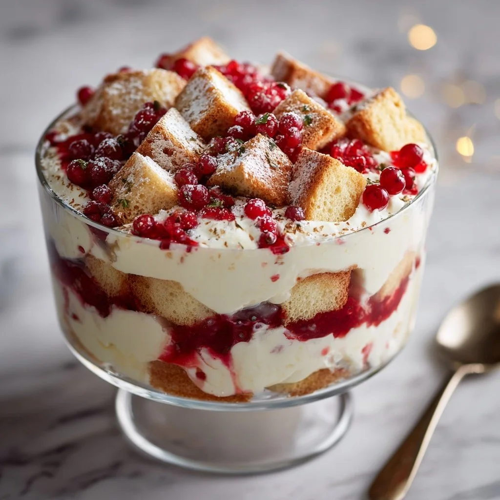 A delightful easy Christmas trifle with layers of cake, cream, and berries.