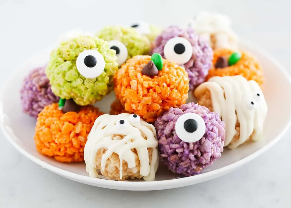 Colorful Halloween Rice Krispie Treats decorated for spooky fun