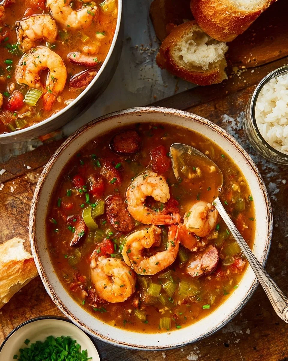 Bowl of easy shrimp gumbo garnished with parsley and served with rice