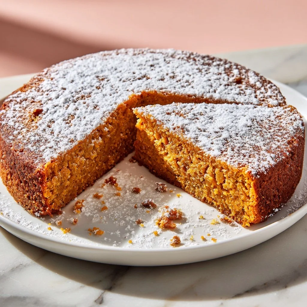 Flourless Sweet Potato Ginger Cake topped with ginger and sweet spices