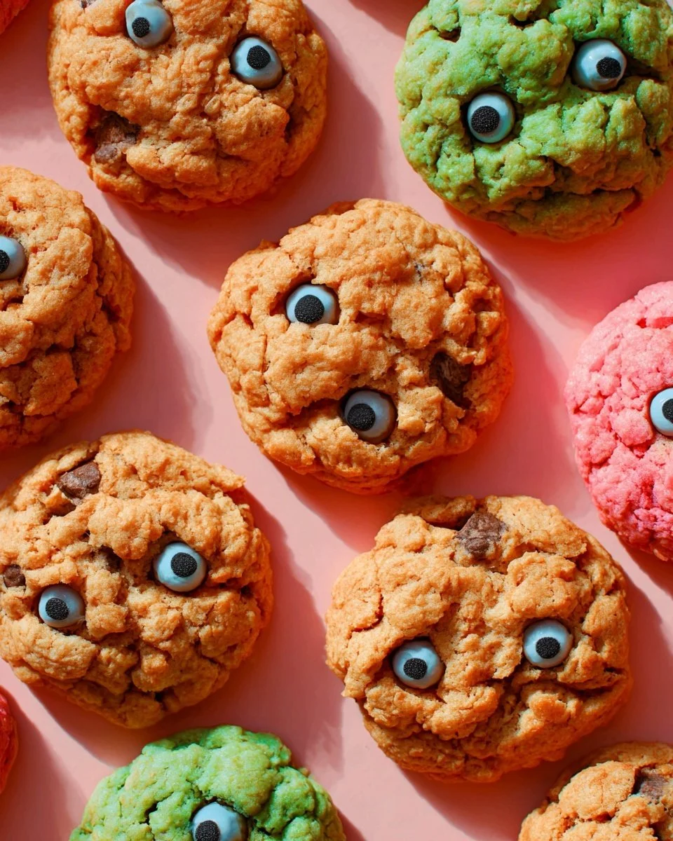 Plate of gooey monster cookies with chocolate chips and M&Ms