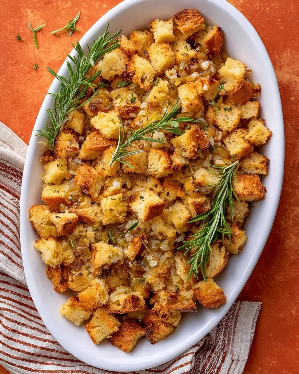 A bowl of Grandma's Thanksgiving Turkey Stuffing ready for the holiday table