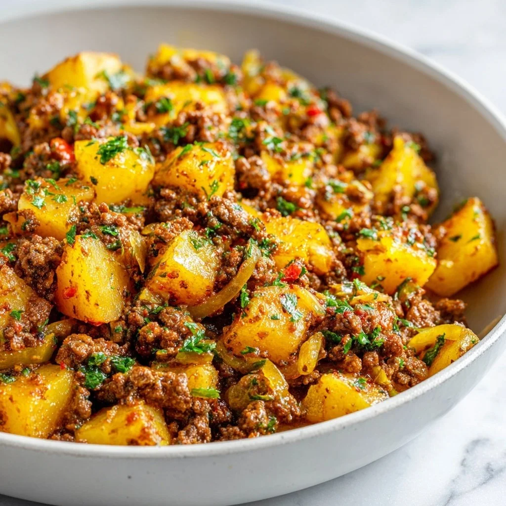Ground beef and potatoes dish served on a plate with herbs and spices