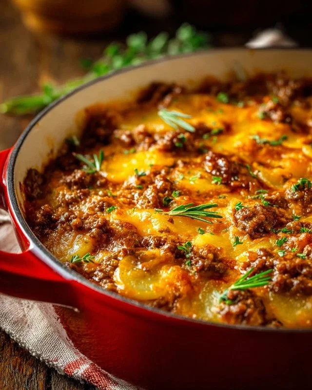 Delicious ground beef hobo casserole served in a baking dish