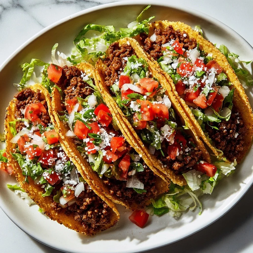 Delicious homemade ground beef tacos with fresh toppings and spices