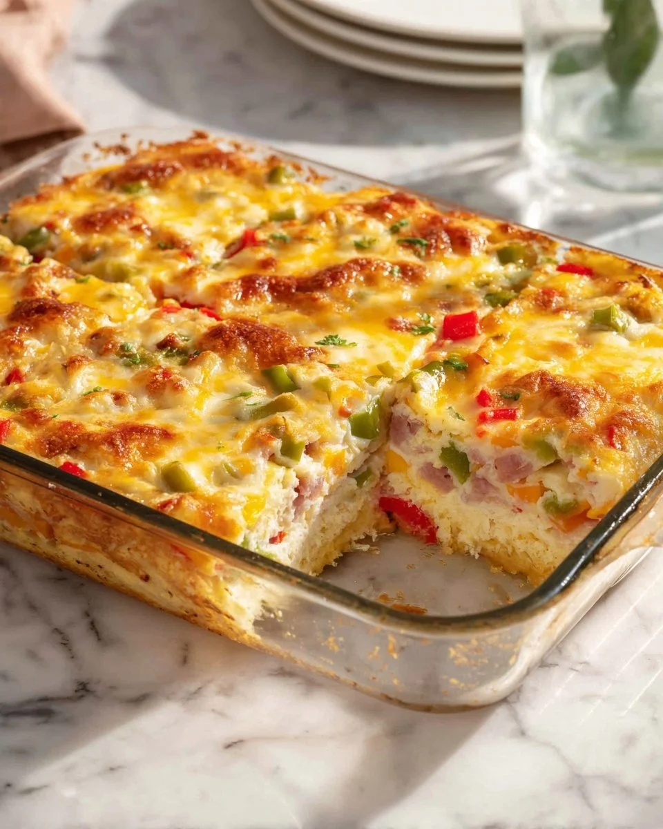 Delicious Hash Brown Breakfast Casserole topped with cheese and herbs.