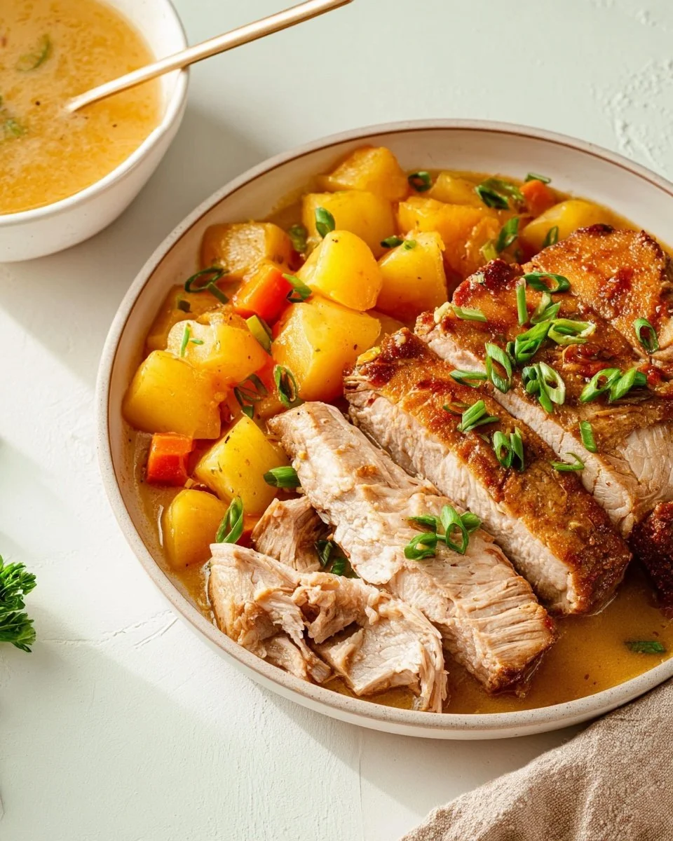 Hawaiian Slow Cook Pork Loin with pineapple and spices in a slow cooker