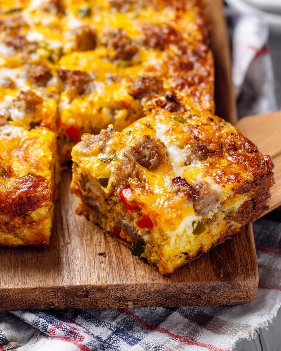Hearty sausage breakfast casserole loaded with eggs, cheese, and sausage.