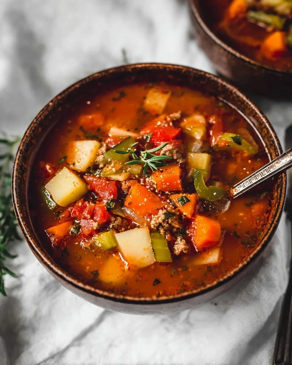 Bowl of hearty vegetable soup filled with colorful vegetables and herbs